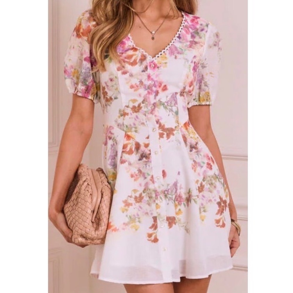VICI Floral Button Front Mini Dress White Puff Sleeve Crochet Cottagecore XS J1